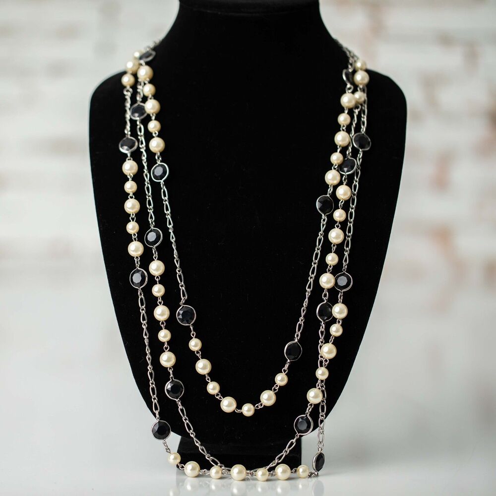 Black Ivory Faux Pearl Multi Strand Necklace Silver Tone Layered Statement